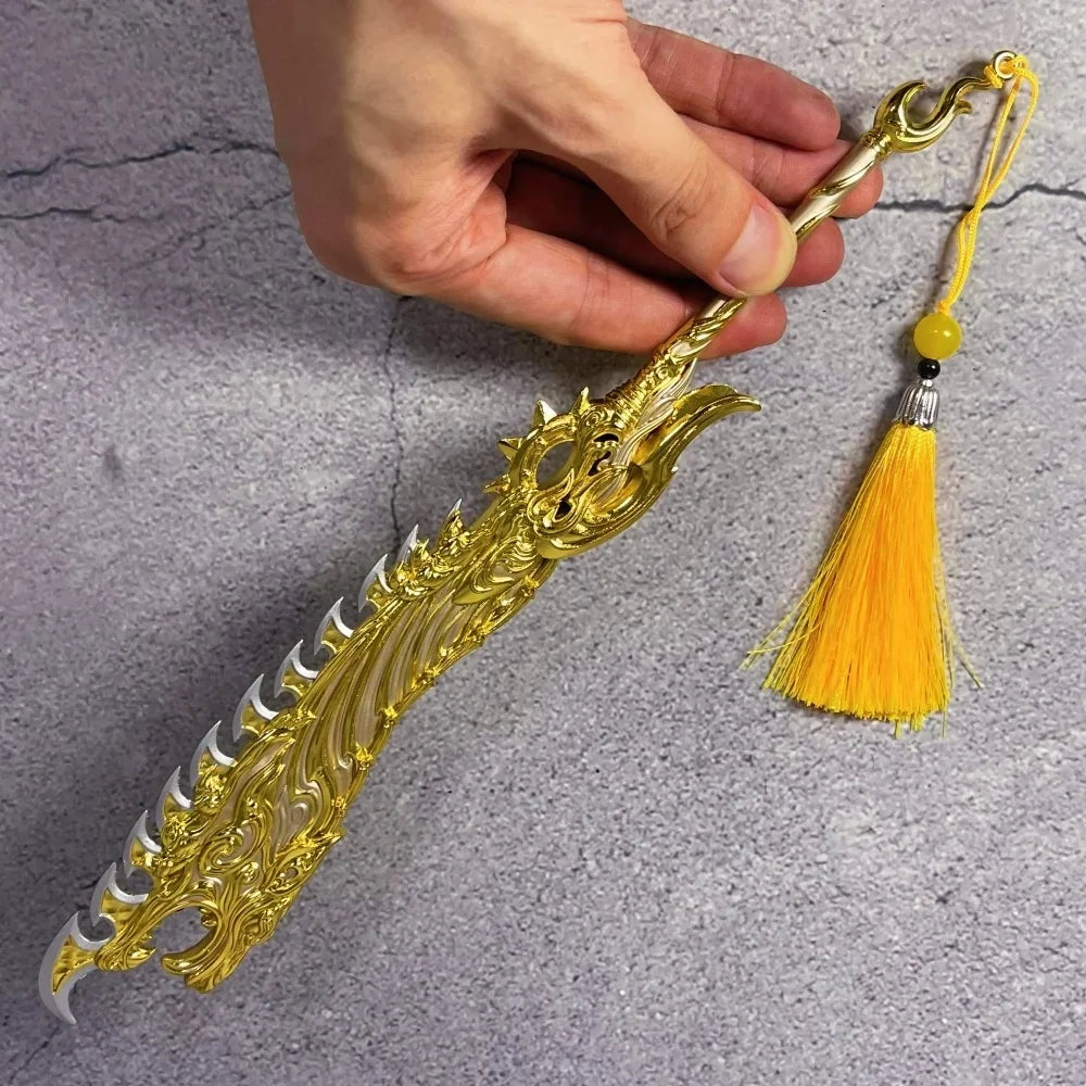 A hand holds a full-size collectible metal katana sword inspired by Naraka, featuring an ornate gold blade and yellow tassel.