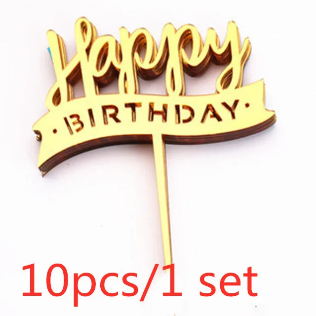 Gold Acrylic Happy Birthday Cake Toppers (Set of 10)
