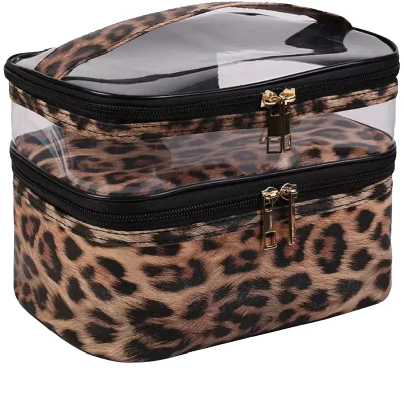 Leopard print transparent double-layer makeup bag with gold clasps