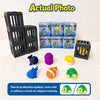 A collection of floating fish pool dive toys, including plastic fish and a black storage box.