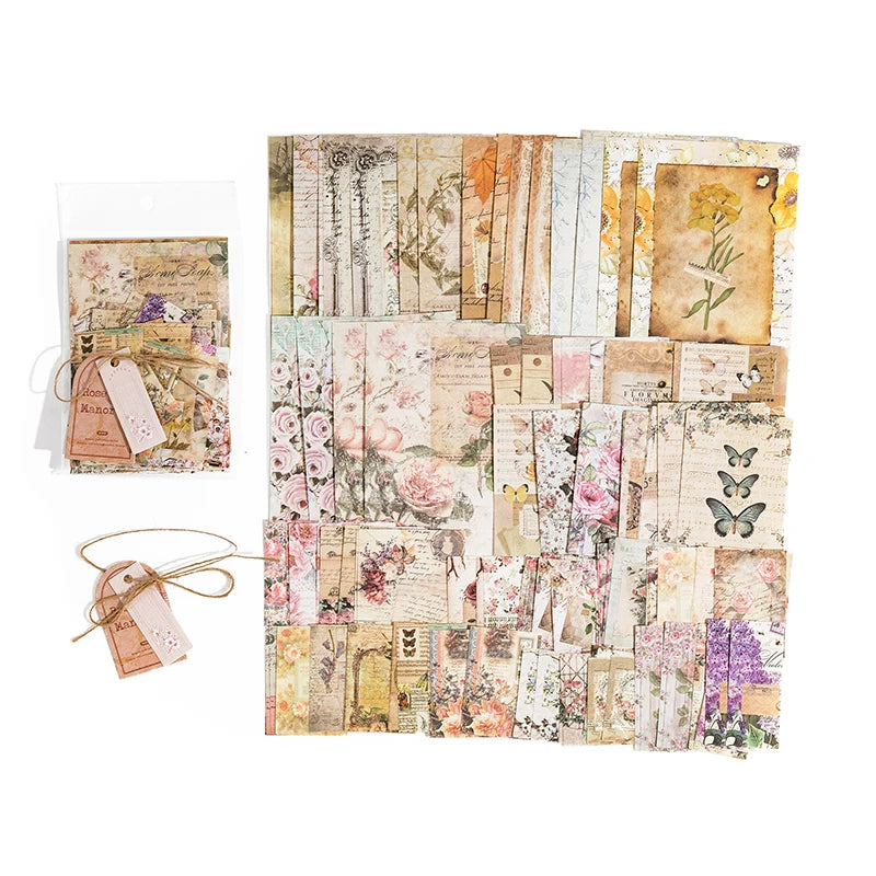 Collection de papier scrapbook vintage avec motifs floraux, textures et tons de papier vieilli.