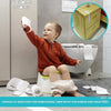 A toddler is shown using child safety cabinet locks on a kitchen cabinet and a toilet, demonstrating the product's use.