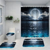 A bathroom setup featuring a shower curtain, rugs, and toilet lid cover with an image of a large moon over the ocean.