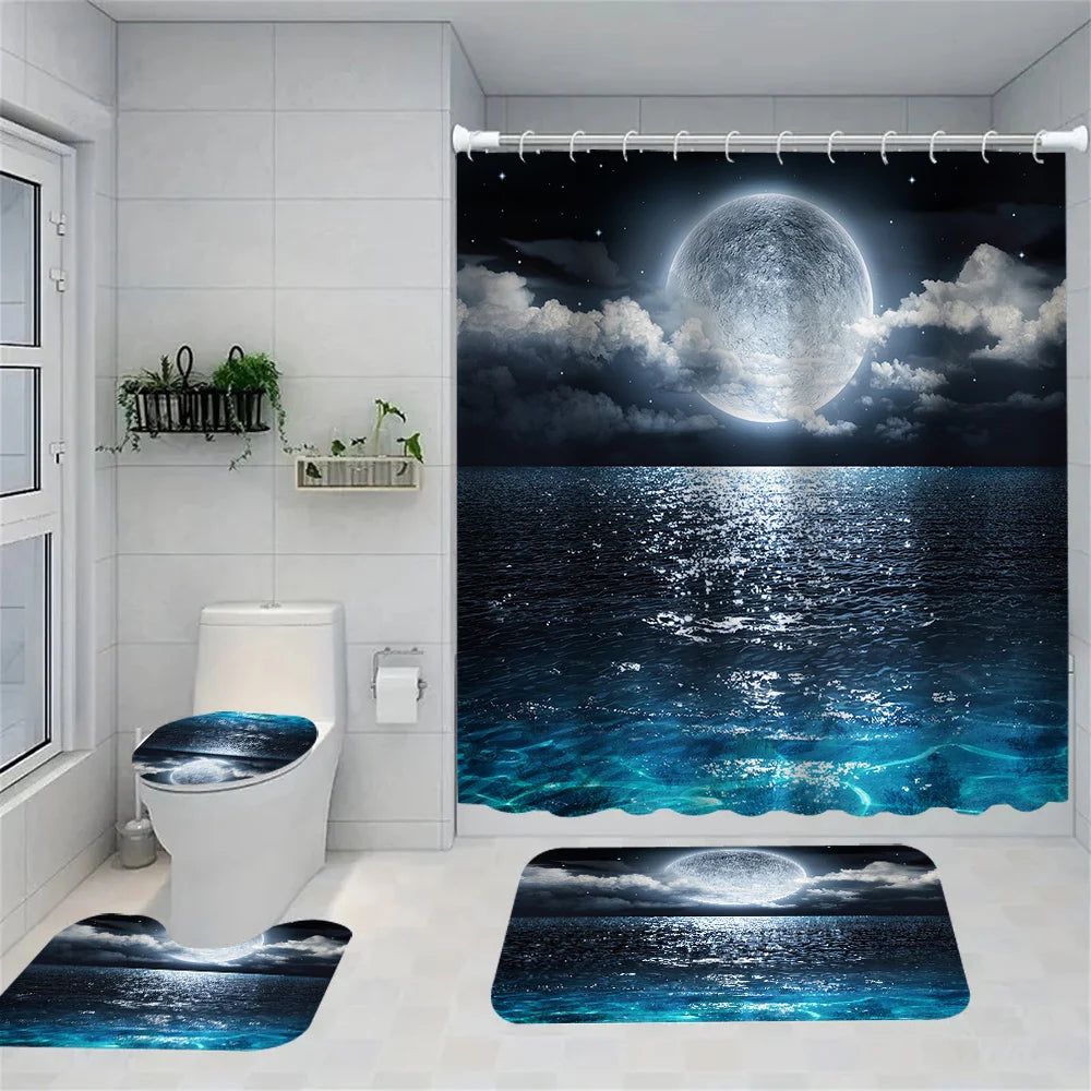 A bathroom setup featuring a shower curtain, rugs, and toilet lid cover with an image of a large moon over the ocean.