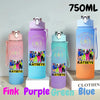 A set of three 750ml portable sports water bottles in pink, purple, and blue colors.
