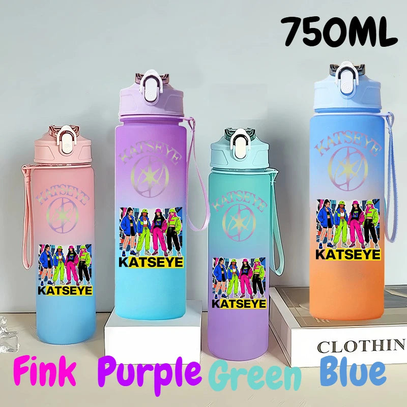 A set of three 750ml portable sports water bottles in pink, purple, and blue colors.