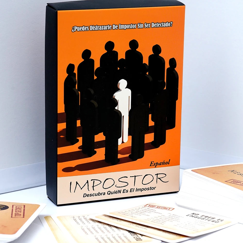 Box of Impostor card game in Spanish edition featuring silhouettes of people.