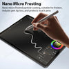 A hand uses a pen to apply nano micro frosting coating on a tablet screen, demonstrating the product's function.