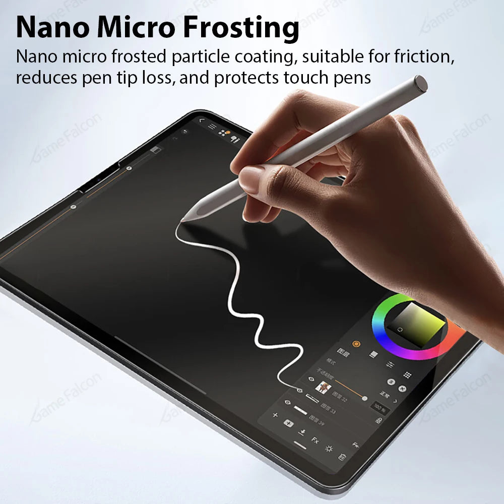 A hand uses a pen to apply nano micro frosting coating on a tablet screen, demonstrating the product's function.