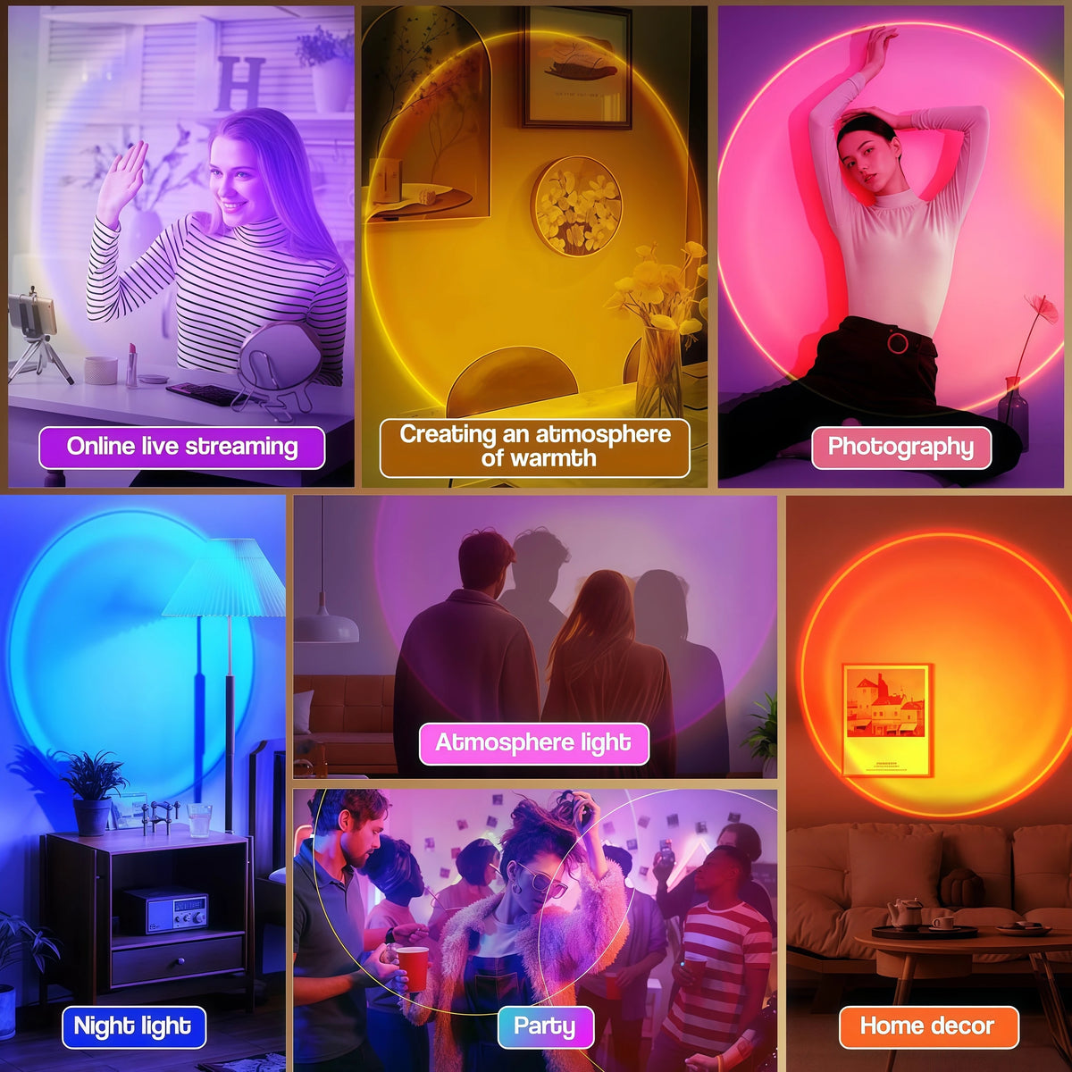 A collection of images showing various light effects and photography concepts like online streaming, creating warmth, and par