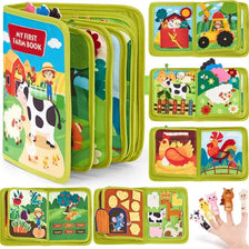 A set of Montessori farm animal busy books in lime green featuring various animals and farm scenes.