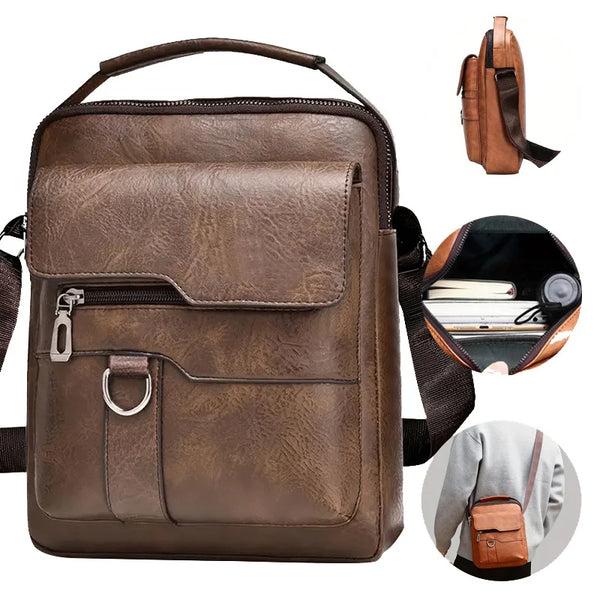 Braunes Leder-Crossbody-Beutel für Herren mit Klappe und Reißverschluss, verschiedene Ansichten.