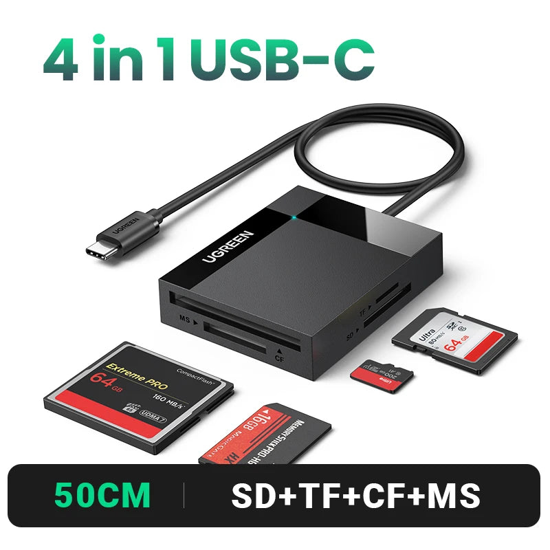 4-in-1 USB 3.0 Card Reader with USB-C Adapter