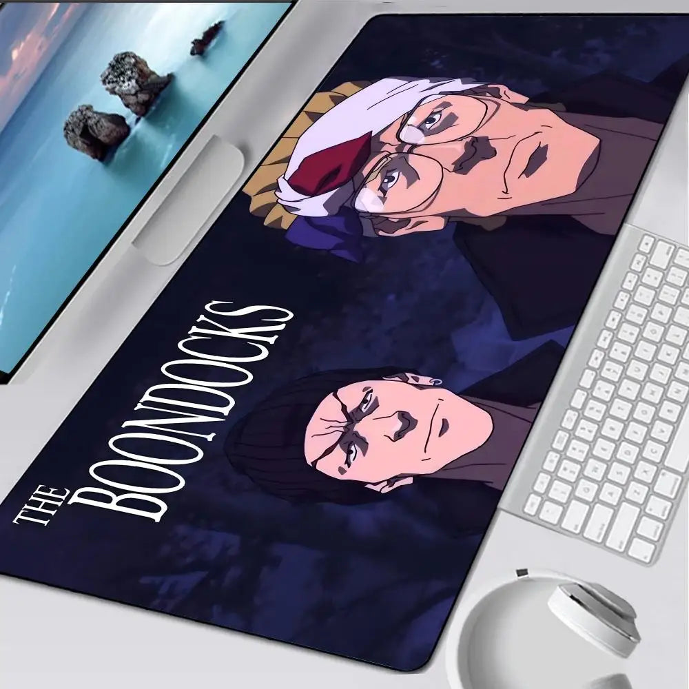 A dark blue gaming mouse pad featuring a stylized illustration from The Boondocks