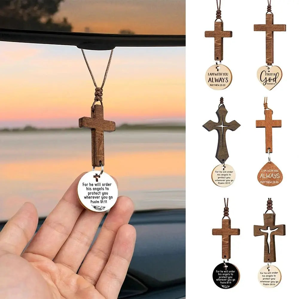Wood Cross Car Rearview Mirror Pendant with Bible Verse