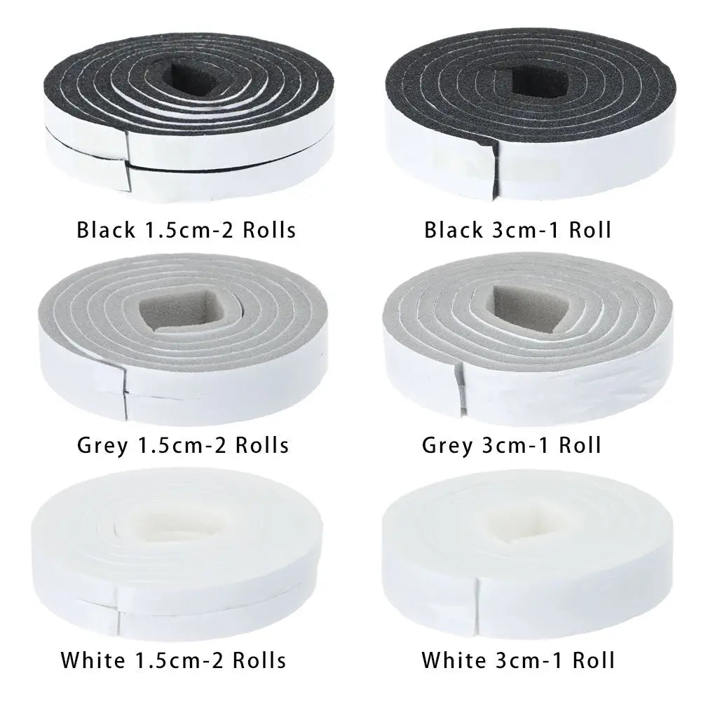 Rollos de cinta de sellado de espuma autoadhesiva y resistente al clima en negro, gris y blanco.