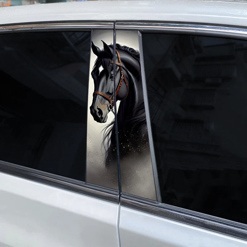 A close-up view through a car window showing a black horse head decal on the glass.
