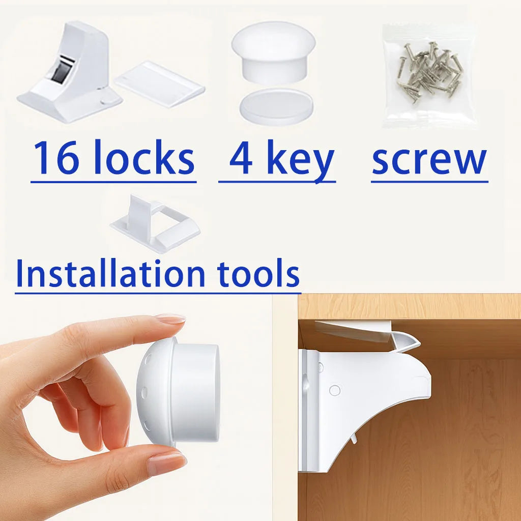 A hand holds a white magnetic child safety cabinet lock, demonstrating the installation tool.