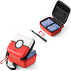 A red hard-shell trading card storage box with a lid open, showing divided compartments and a separate storage pouch.