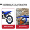 Before and after installation of a universal dirt bike exhaust guard on a blue motorcycle.