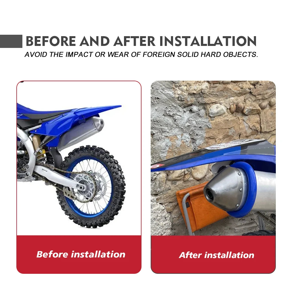 Before and after installation of a universal dirt bike exhaust guard on a blue motorcycle.