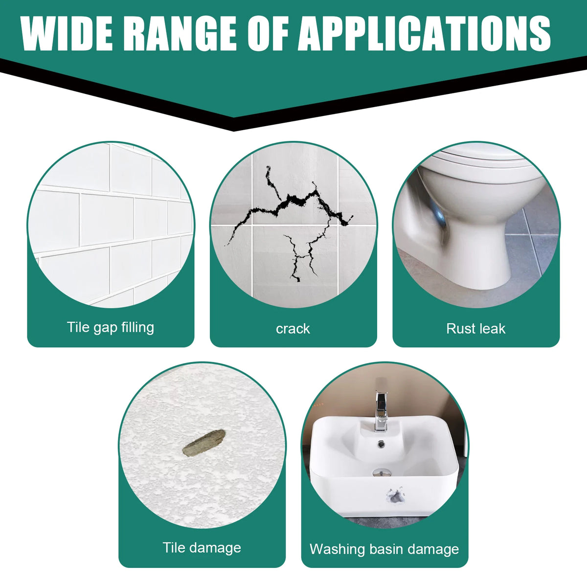 Various applications of fast-drying tile repair paste including tile gap filling, crack repair, rust leak sealing, tile damag