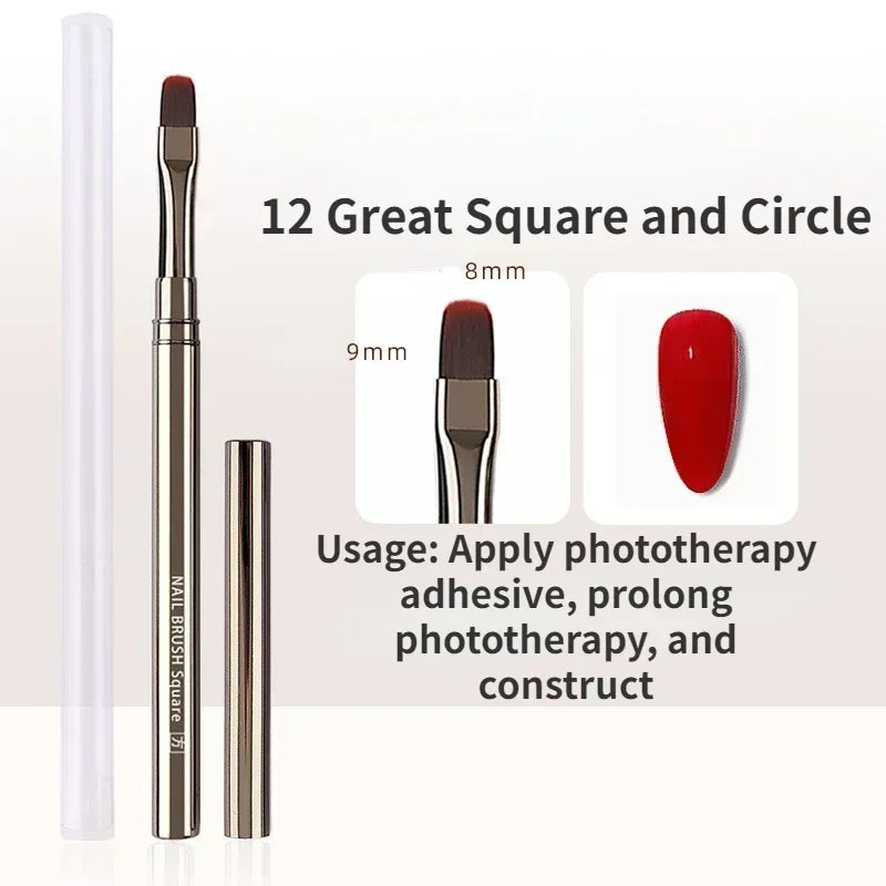 A set of 12 square and circle precision nail art brushes for phototherapy, including various sizes.