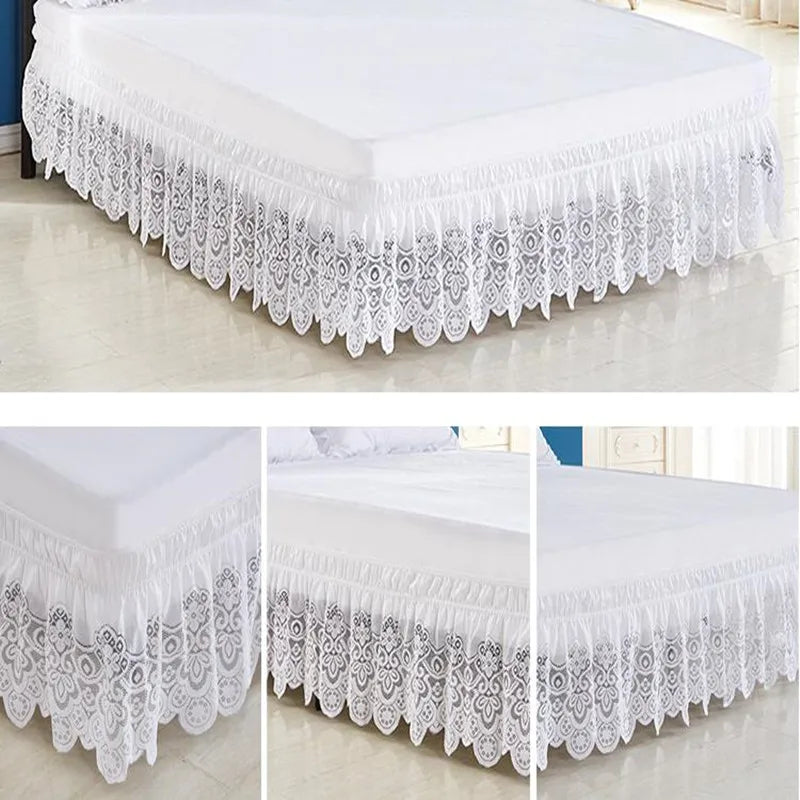 White jacquard lace bed skirt with an elastic band and a 15 inch drop