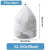 White fine mesh laundry bag with drawstring closure shown next to a size label.