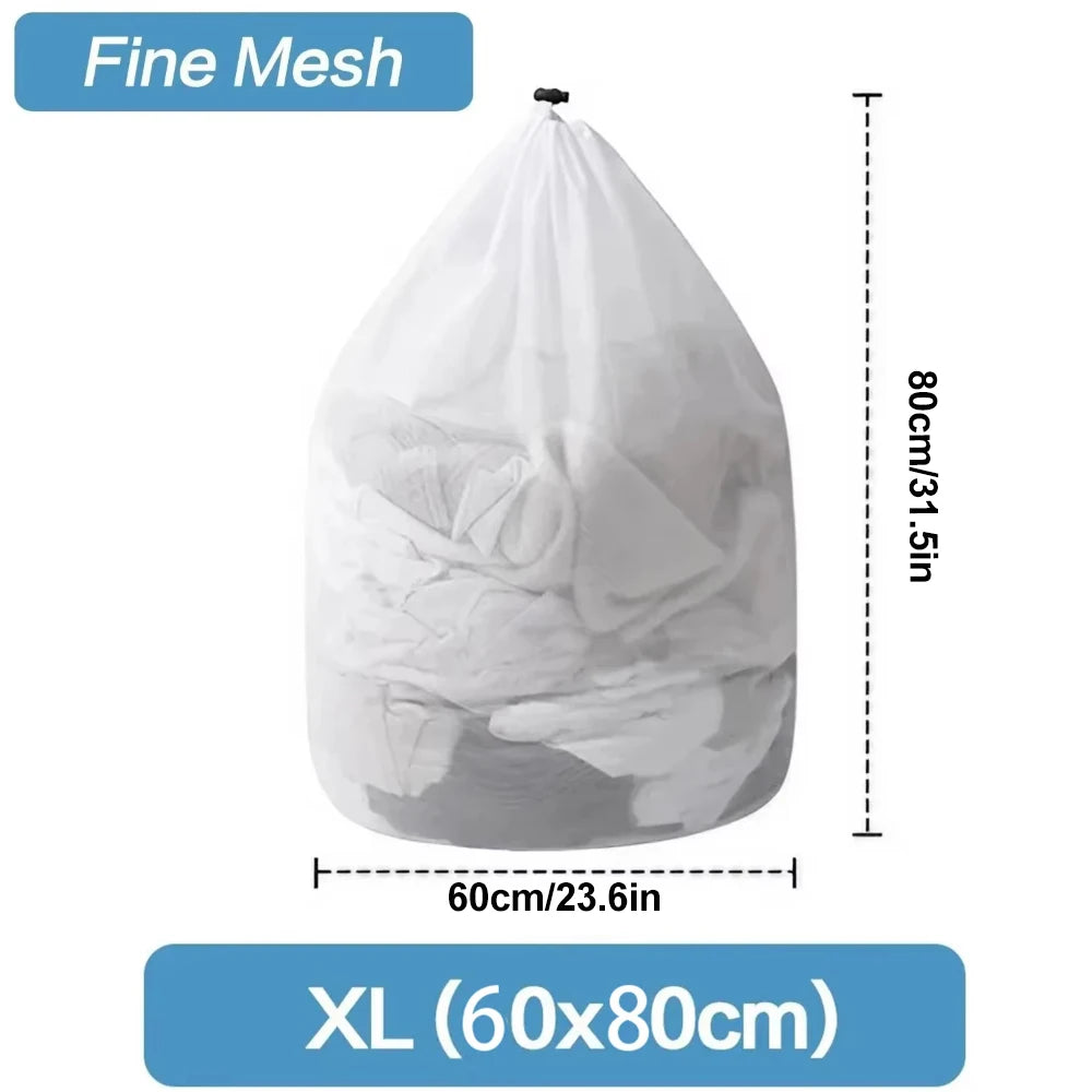 White fine mesh laundry bag with drawstring closure shown next to a size label.