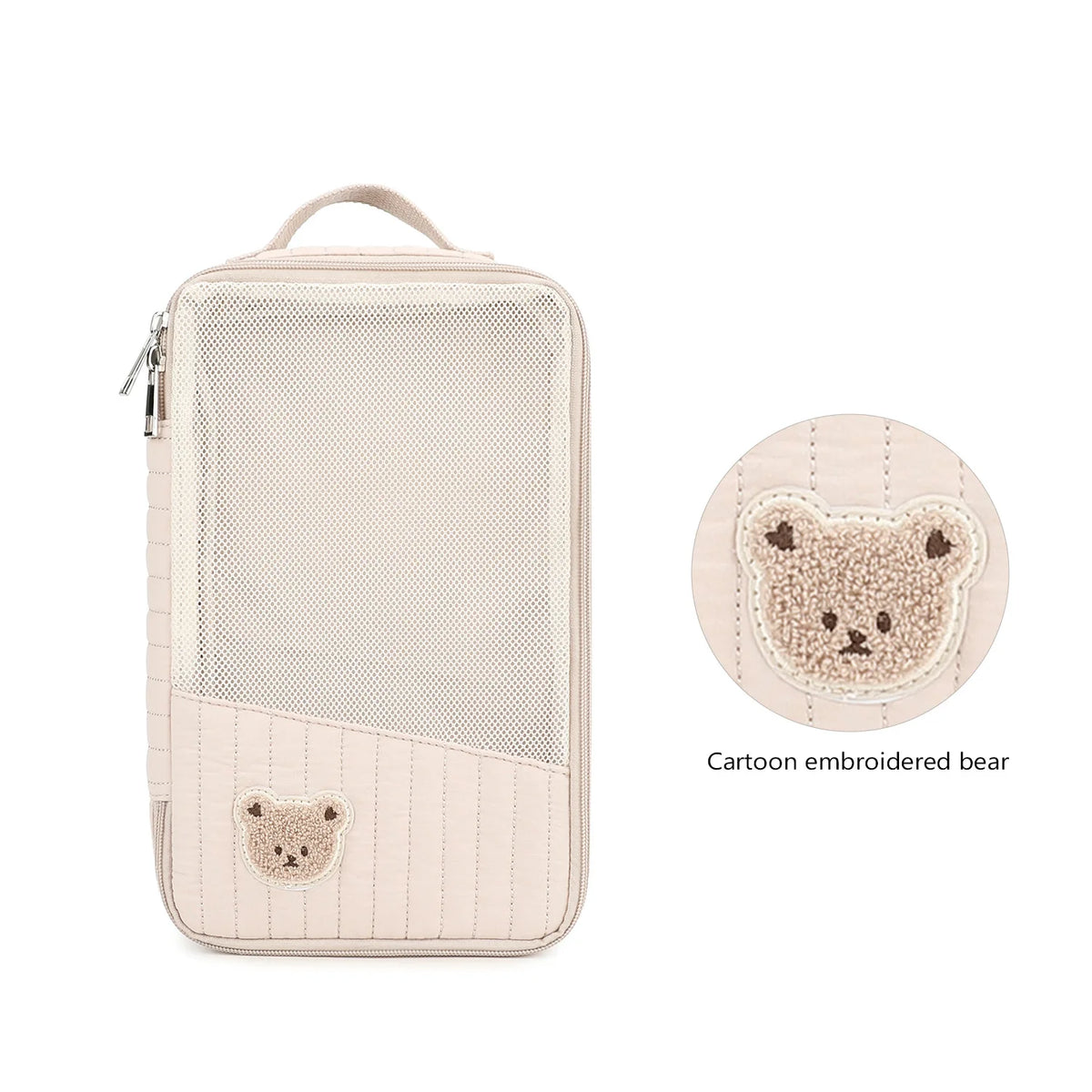 Light pink stroller hanging diaper bag featuring a cartoon embroidered bear patch.