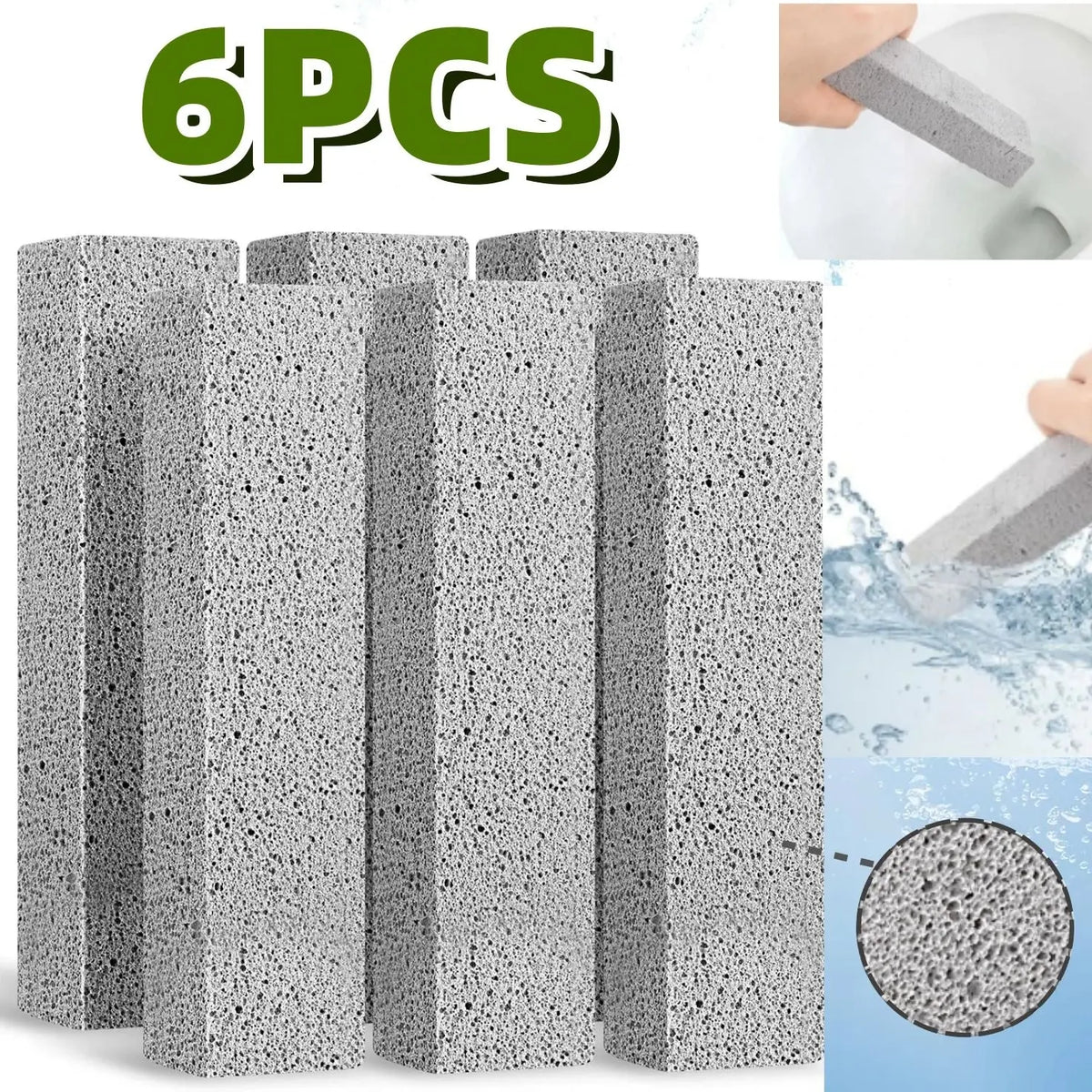 Six pieces of gray natural pumice stone cleaning sticks for toilet, tile, and sink