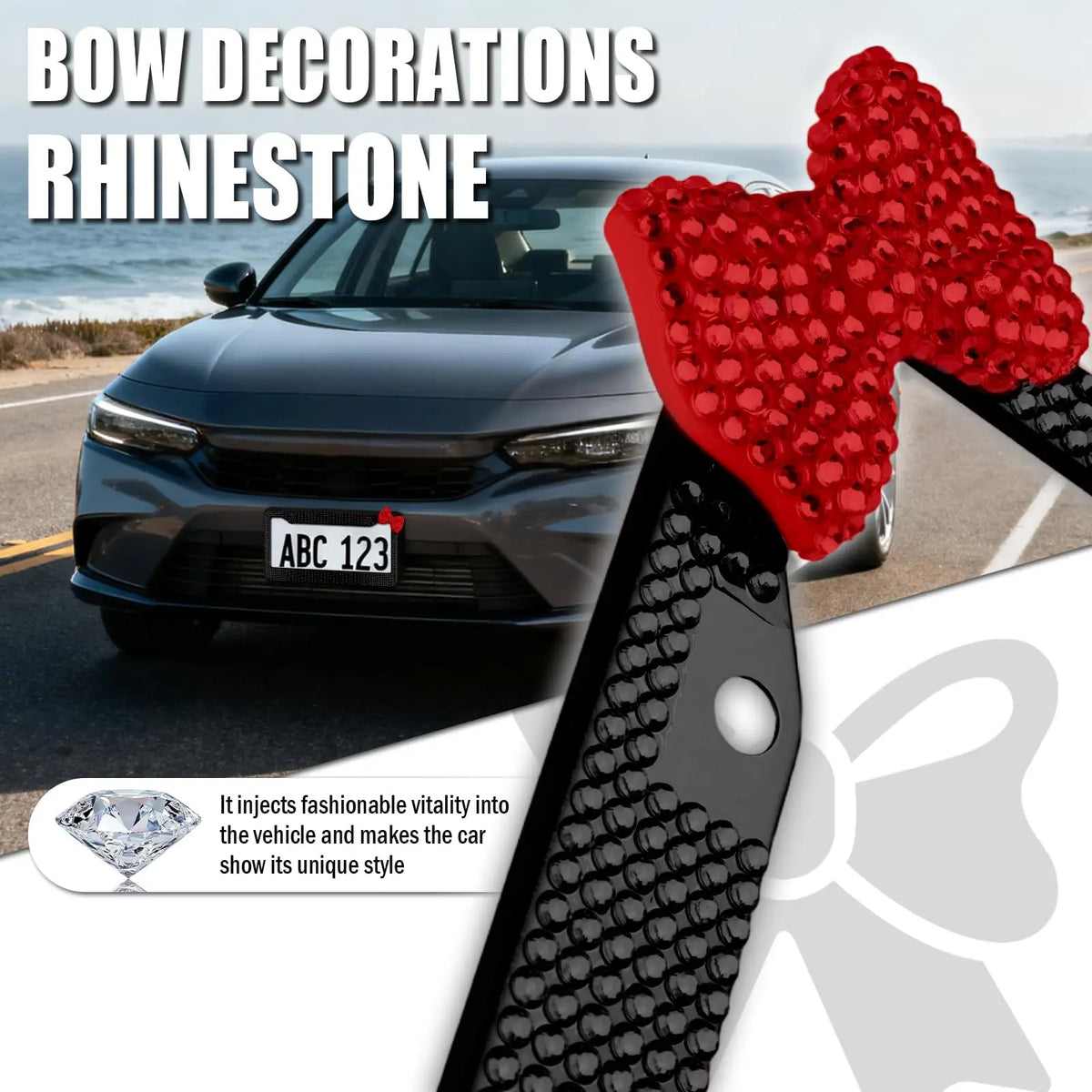Red rhinestone bow decorations installed on a car license plate frame.