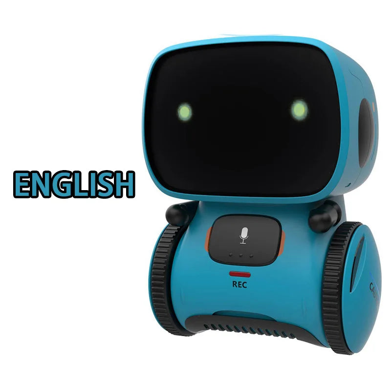 A teal robot toy with a black head and microphone, shown against a white background.