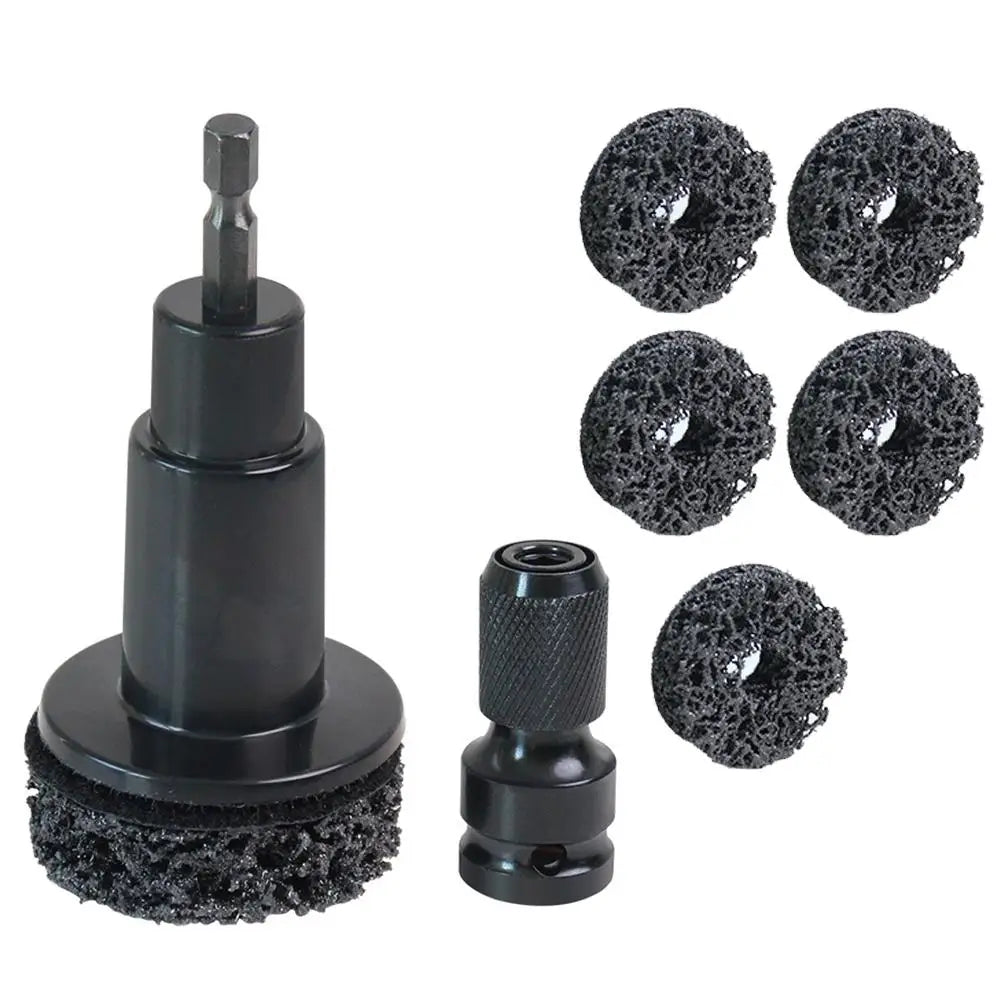 A set of black wheel hub rust removal and polishing drill attachments, including a main body and multiple abrasive discs.