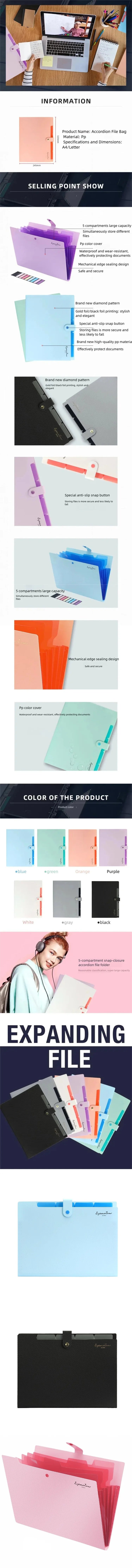 A collection of various colored and sized accordion file folders and document holders.