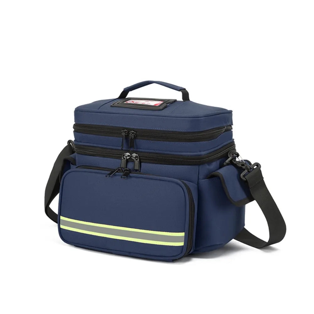 A navy blue waterproof double-layer trauma and first aid bag with a yellow stripe detail.