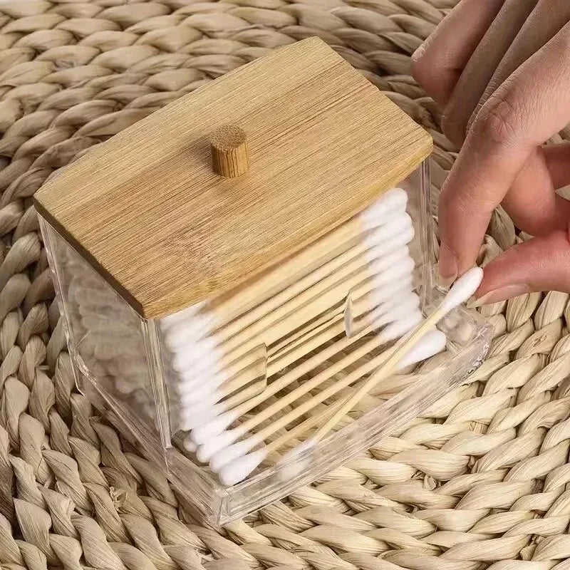 Transparent Cotton Swab & Toiletry Storage Box with Bamboo Lid