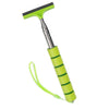 A bright lime green telescopic window cleaning squeegee with an adjustable metal handle and flexible cord.