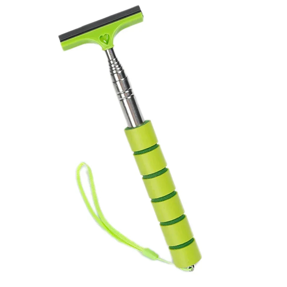 A bright lime green telescopic window cleaning squeegee with an adjustable metal handle and flexible cord.