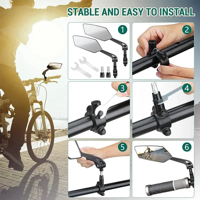 Installation guide showing how to install an adjustable rearview mirror on a bicycle handlebar.