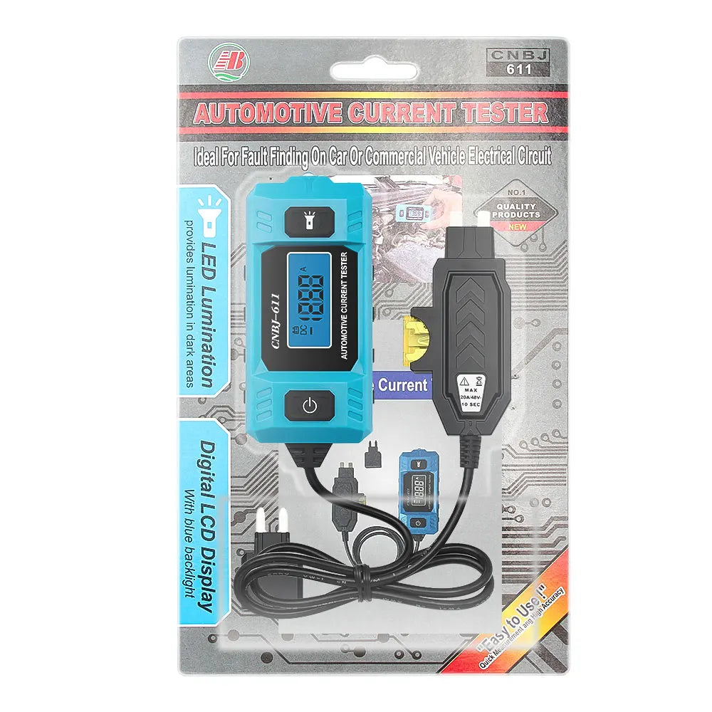 An automotive current tester device with a digital display and leads for testing electrical circuits.