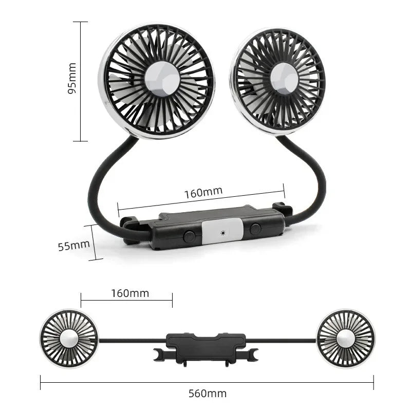 Dual-Head USB Car Fan with Adjustable LED Light