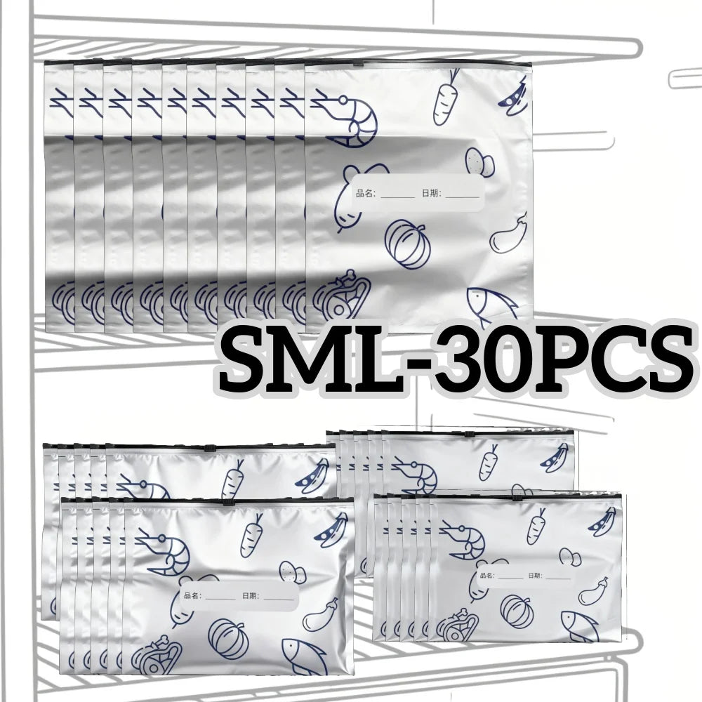 A package of 30 reusable aluminum foil storage bags displayed on a shelf.