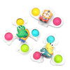 A set of white suction cup spinner toys featuring animals like a cat and a frog with colorful sensory beads.