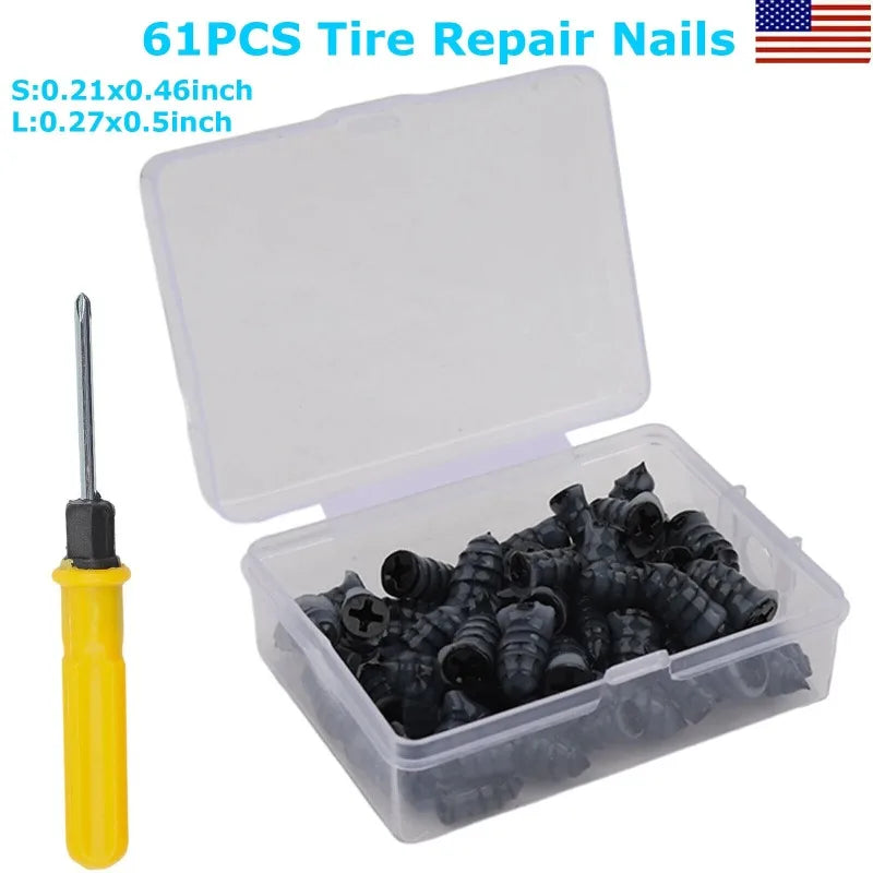 A clear storage case containing 61 pieces of tire repair nails and a screwdriver for fixing punctures.