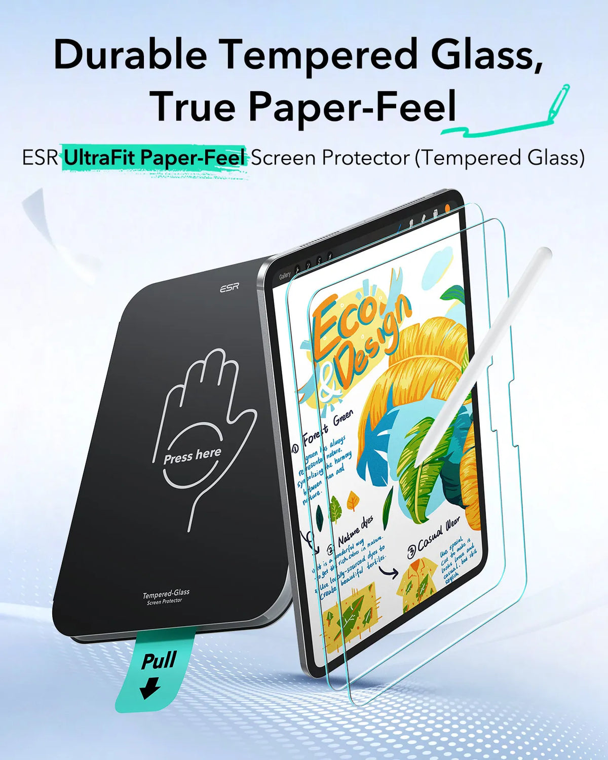 Nahaufnahme einer strapazierfähigen gehärteten Glasschutzfolie, die auf ein iPad aufgetragen wird, die UltraFit Paper-Feel-Te