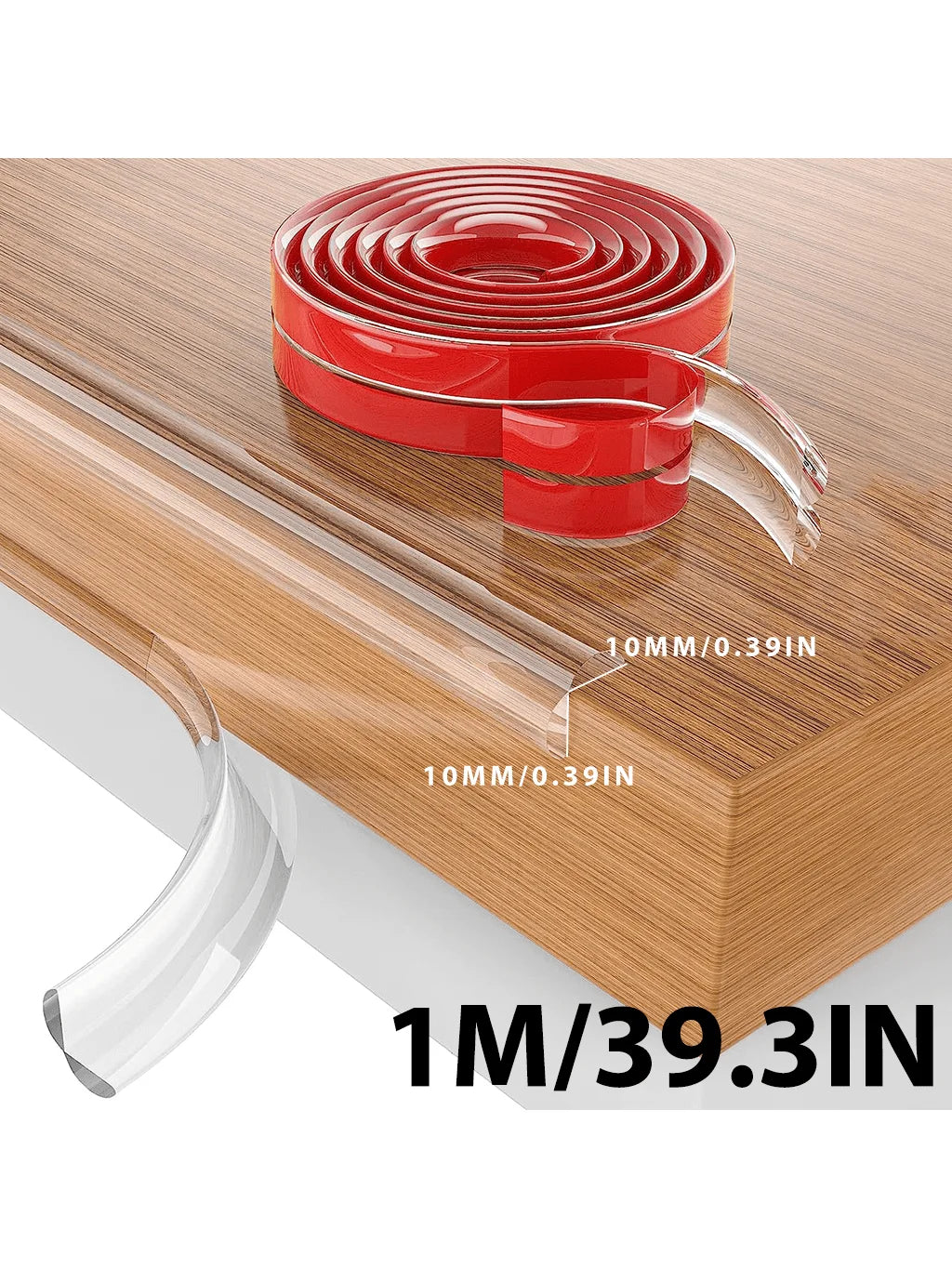 Rote Silikon-Eckschutzstücke mit 10 mm und 10 mm Dicke, die eine Holzoberfläche schützen.