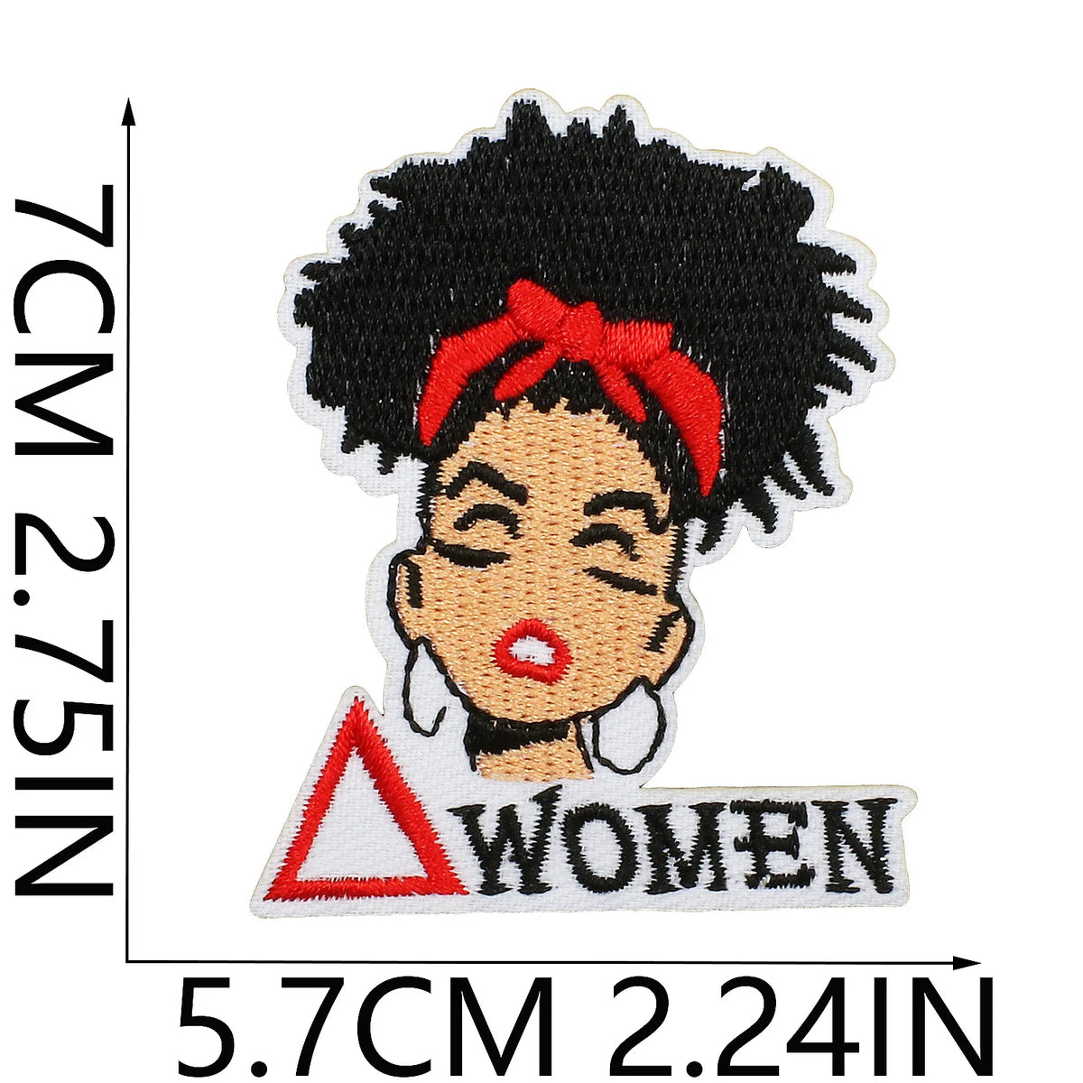 Embroidered patch featuring a woman with black curly hair tied in a red bow and the word WOMEN