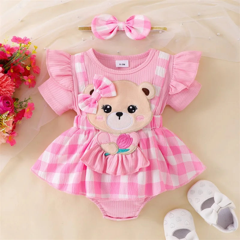 Baby Girl Plaid Romper Set with Bear Patch and Bow Headband